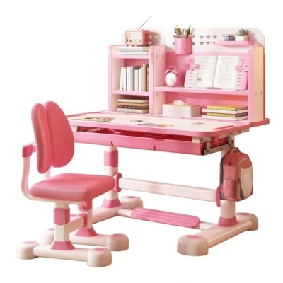 Image of yoakaiax Kids Desk and Chair Set, Height Adjustable with Chair, School Study Set Sitting Corrector, Ergonomic Book Stand, Foot Pedal Pink