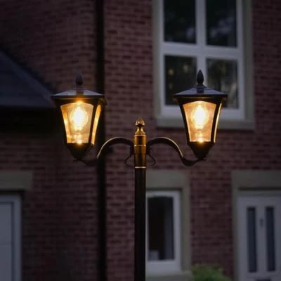 Image of Festive Lights 2.1m 7ft Large Black Twin Head Solar Powered Victoran Style Security Lamp Post Traditional Warm White Filament LED Outdoor Garden Decorative Lighting