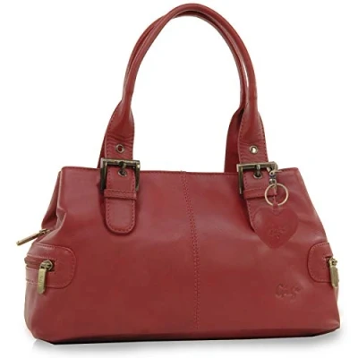 Image of Gigi Women&#039;s Leather Top Handle Bag Small/Medium Handbag Multiple Pockets With Heart Keyring Charm OTHELLO 6165 Red