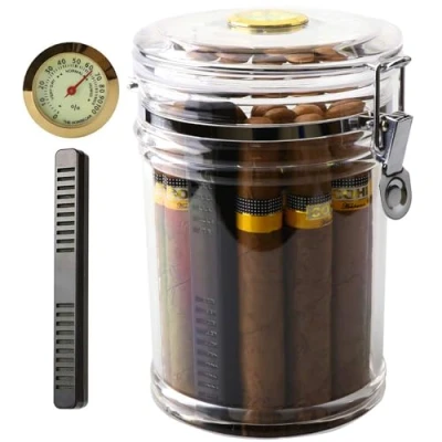 Image of SaiDuoDuo Acrylic Humidor Cigar Box, Portable Travel Jar with Humidifier and Hygrometer, Case Fits 18 Cigars,Clear