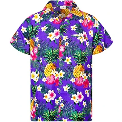 Image of King Kameha Funky Hawaiian Shirt Kids Boys, Shortsleeve, Print Pineapple Flowers, Purple, 4
