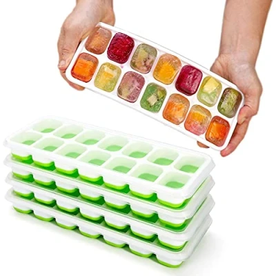 Image of Vinsani 4 Pack Ice Cube Trays with Clear Removable Lid Easy Release Silicone Flexible Moulds LFGB Certified and BPA Free Stackable Durable Green