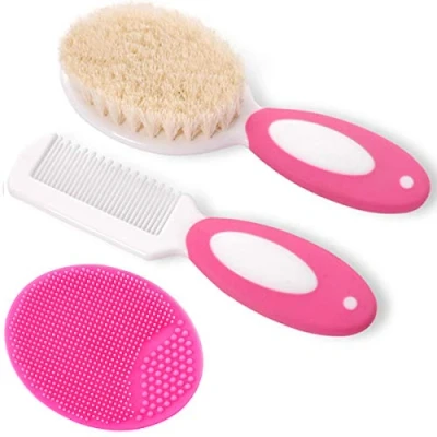 Image of Baby Hair Brush and Comb Set for Newborns &amp; Toddlers Natural Soft Goat Bristles Ideal Cradle Cap Perfect Registry Gift (Rose Red)