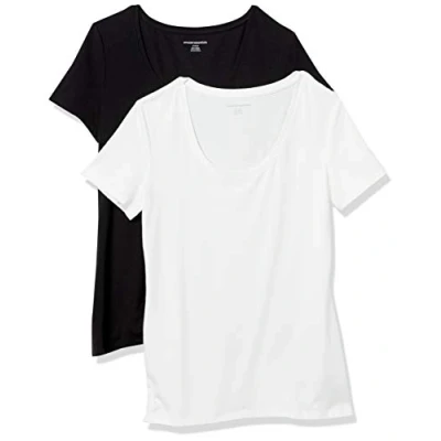 Image of Amazon Essentials Women&#039;s Classic Fit Short Sleeve Scoop Neck T Shirt (Available in Plus Size), Pack of 2, Black/White, S