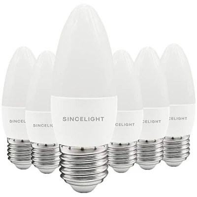 Image of E27 LED Candle Light Bulb, B35 Shape with Milky Diffuser, 5 Watt, Warm White 2700K &amp; RA≈92 High Color Rending, 450 Lumens≈50W Equivalent, Non Dimmable, ES Edison Screw, Pack of 6