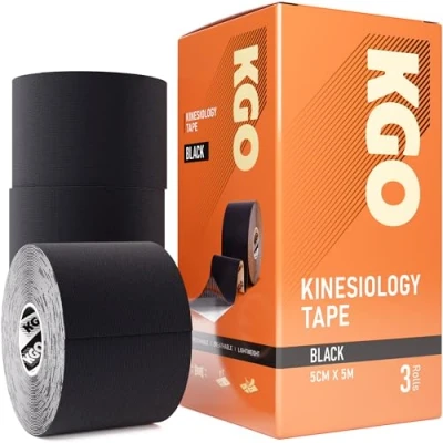Image of KGO Kinesiology Tape, Sports Elastic Tape for Muscle and Joint Support, Kinesio K Physio 5cm x 5m (Black, (Box of 3))