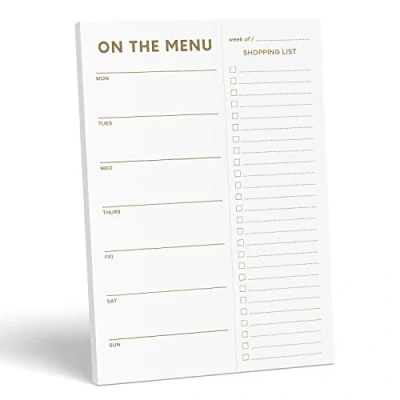 Image of Sweetzer &amp; Orange Meal Planner Notepads Gold Print Notepad Organiser for Weekly/Daily Food Planning Tear Off Grocery Shopping List, 2 Magnets Hanging on Refrigerator Door 17x25cm, 52 Sheets