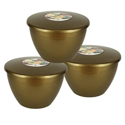 Image of Just Pudding Basins Gold Coloured 1.5 Pint 850ml Basin and Lid (3 Pack) Plastic Christmas Steaming Bowls with Clip on Lids
