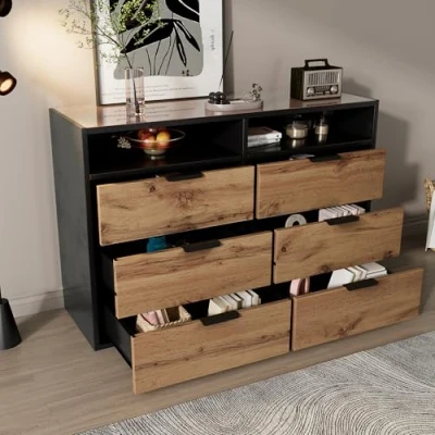 Image of BTM 6 Drawer Chest of Drawers, Oak Sideboard with Drawers and 2 Open Shelves, Anti tip Bedroom Amber Glass Top,6 120x40x80cm