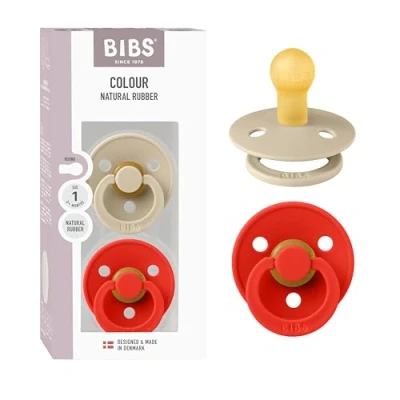 Image of BIBS Colour Pacifier 2 Pack, BPA Free Dummy Binky, Round Nipple. Natural Rubber Latex, Made in Denmark, Size 1 (0 6 Months), Vanilla/Candy Apple