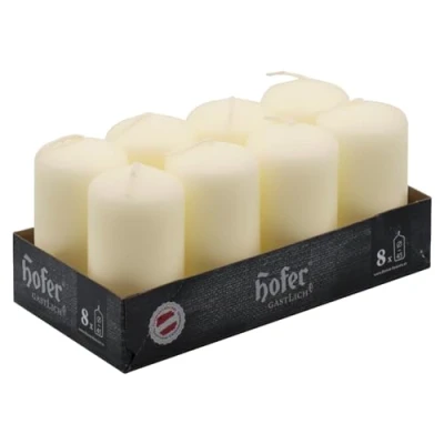 Image of Hofer Small Pillar Candles Set of 8 Unscented Ivory in Bulk 4,5 x 9 cm 15 Hours Long Burning Decorative Dripless Wax Smokeless Wick RAL Quality Made Austria