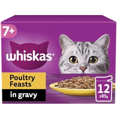 Image of WHISKAS 7+ Cat Pouches Poultry Feasts in Gravy, Pack of 4 (12 x 85 g)