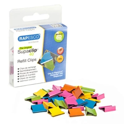 Image of Rapesco RC4050MC Supaclip 40 Refill Clips, Assorted Colours, Pack of 50