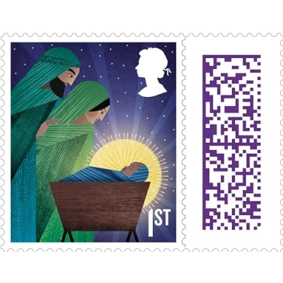Image of Christmas Postage Stamps 25x 1st Class (Sheet of 25) Royal Mail Barcoded QR Code UK for Cards Letter First