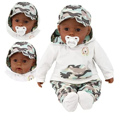 Image of Bibi Doll 20&quot; Lifelike Large Size Soft Bodied Black Baby Girls Boys Toy With Dummy &amp; Sounds (Ethnic in Camo Outfit)