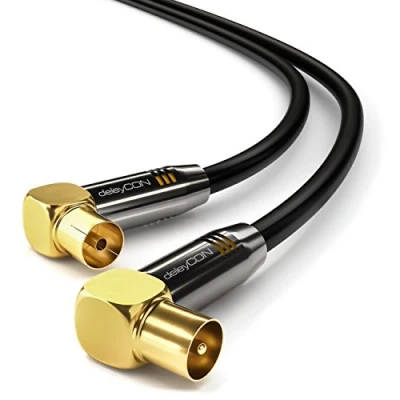 Image of deleyCON TV Antenna Cable 90 Degree connector to Straight connector, Black and White