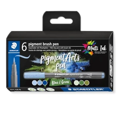 Image of STAEDTLER 371 C6 8 Pigment Arts Brush Pen Assorted Blue &amp; Green Colours (Pack of 6)
