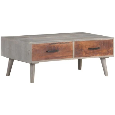 Image of vidaXL Grey Coffee Table with Solid Rough Mango Wood and Acacia, 100x60x40 cm Robust Design Drawers for Living Room or Office