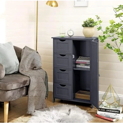 Image of Bathroom Floor Cabinet Cupboard Free Standing Wooden Storage Unit with 4 Drawers &amp; 1 Door, Adjustable Shelf, Grey