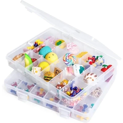 Image of LAifu 2PCS Plastic Stackable Organizer Container with Adjustable Dividers, Snack Box 18 Removable Grids Compartments for Jewelry Cosmetics Craft Tackle Pills Beads Bolts and Nuts