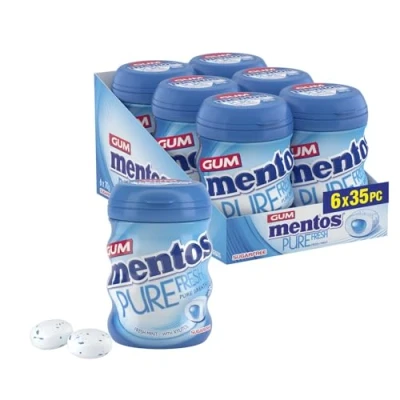 Image of Mentos Pure Fresh Mint Chewing Gum 35 Pieces Sugar Free, Refreshing, Gluten Free Sweet Treat, with Xylitol, 90 g (Pack of 6)
