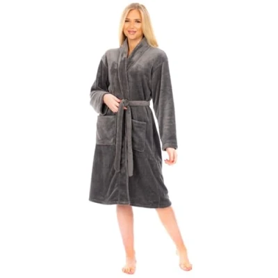 Image of Adore Home Ladies Flannel Fleece Bathrobe Soft &amp; Warm Dressing Gown Bath Robe Shawl Collar, Charcoal, S M