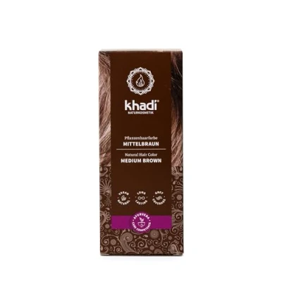 Image of khadi MEDIUM brown natural Hair Color, Conjures up a warm mid colour with silky shine reflections in your hair, dye 100% plant based, &amp; vegan, Certified cosmetics, 100g