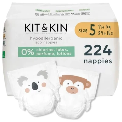 Image of Kit &amp; Kin Premium Eco Baby Nappies Size 5 11+ kgs / 24+ lbs Pack of 224 Plant Based Hypoallergenic Superior up to 12 Hour Leak Protection Vegan Cruelty Free