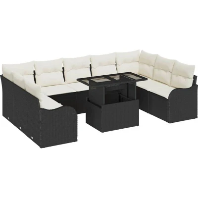 Image of vidaXL 10 Piece Garden Sofa Set with Cushions Black Poly Rattan