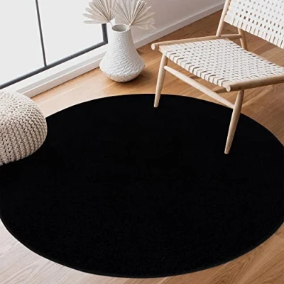 Image of SANAT Short Pile Living Room Rug Plain Modern Rugs for Bedroom, Study, Office, Hallway, Children&#039;s and Kitchen Black, 150 cm Round