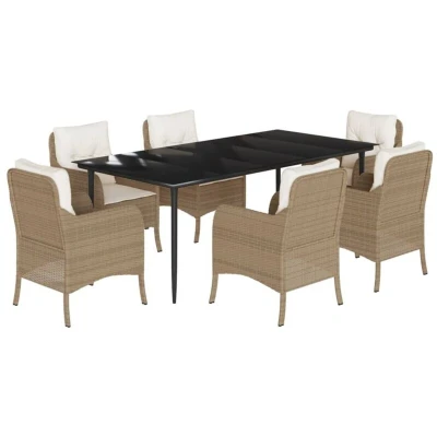 Image of Vidaxl 7 Piece Garden Dining Set with Cushions Beige Poly Rattan