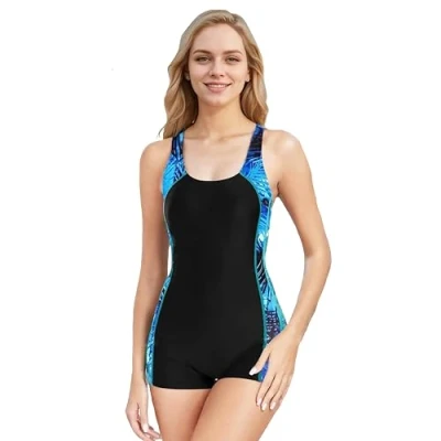 Image of BEACHKINI Swimwear Women&#039;s Boyleg One Piece Swimsuit Sports Swimming Open Back Competitive Bathing Suit,Blue Leaf,UK 10