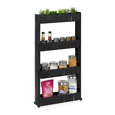 Image of Relaxdays Niche Trolley, 4 Shelves, Narrow Shelf for Bathroom &amp; Kitchen, 101x12.5x54 cm, Rolling Storage Plastic, Black