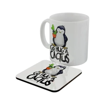 Image of Psycho Penguin Go Hug A Cactus Mug &amp; Coaster Set White 11.5x9.5cm