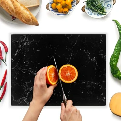 Image of Glass Chopping Board 40x30cm : Worktop Saver for Kitchens Durable, Hygienic Savers Scratch Resistant, Heat Proof, Easy Clean Black Marble Design