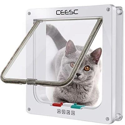 Image of CEESC Cat Flap Door Magnetic Pet Screen With 4 Way Lock for Puppies and Small Dogs, 3 Sizes 2 Colors Options (L: 9.25&quot;(W) x 9.84&quot;(H) 2.17&quot;(D), White)