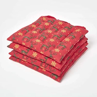 Image of HOMESCAPES Red Seat Pads Set of 4 Christmas Reindeer Pattern Dining Chair Cushions with Straps 100% Cotton 40 x cm
