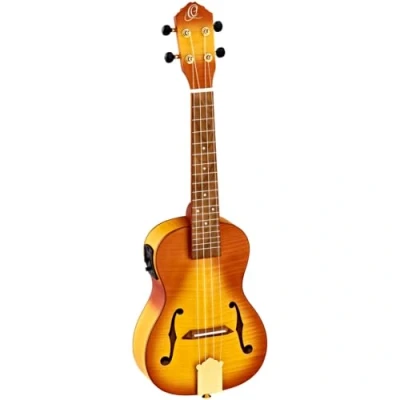 Image of Ortega Guitar Concert Ukulele electro acoustic Custom Built Series Violin Look includes Gig Bag Flamed Maple, Okoume (RUSL HSB)