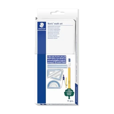 Image of STAEDTLER 557 11 Noris Maths Set with Storage Tin (11 Pieces including Compass, Ruler, Protractor and Squares)