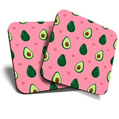 Image of Great Coasters (Set of 2) Square/Glossy Quality Coasters/Tabletop Protection for Any Table Type Pink Avocado Funny Cute Diet #2033