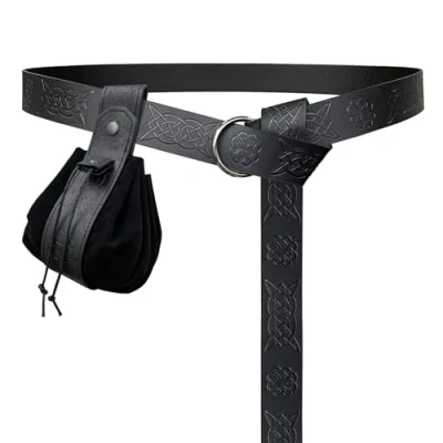 Image of HiiFeuer Medieval O Ring Belt with Retro Nordic Drawstring Pouch, Renaissance Faux Leather and Purse Set for LARP (Black D)