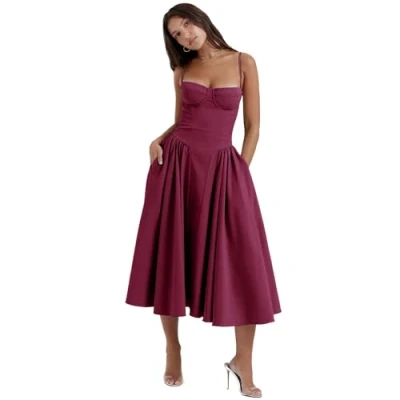 Image of CERAVI Sleeveless Corset Fit Midi Dress Spaghetti Strap Sundress Solid Color Print Bustier High Waist A Line with Pockets (Rose red,M)