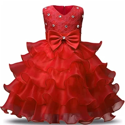 Image of NNJXD Girl Dress Kids Ruffles Lace Party Wedding Dresses Size (80) 9 12 Months Red