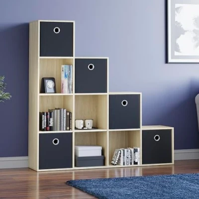 Image of Vida Designs Durham Staircase Bookcase Shelves Storage Organiser Living Room Furniture (10 Cube &amp; 5 Black Baskets, Oak)