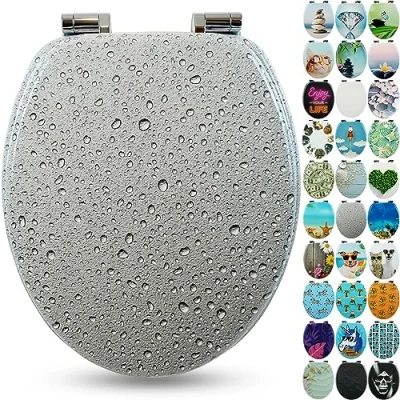Image of Sanfino® Premium Toilet Seat with Soft Close Wooden Lid, Lots of Colourful and Decorative Designs, high Seating Comfort, Easy to Install Including Instructions Grey Splash II