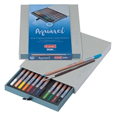 Image of Bruynzeel Design Professional Watercolor Pencils Set of 12 + Brush Water Soluble Artists for Drawing, Coloring &amp; Painting
