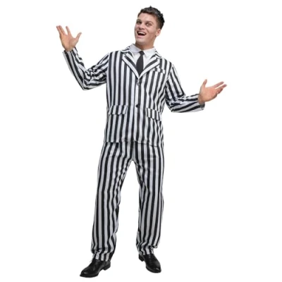 Image of Wicked Costumes Black and White Stripe Suit Fancy Dress Costume Medium