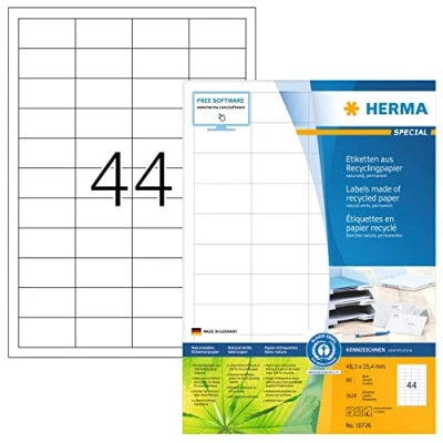 Image of HERMA Self Adhesive Recycling Labels, 44 Labels per A4 Sheet, 80 Sheets, 48.3 x 25.4 mm, 3520 100% Recycled Paper Stickers, Sticky for Laser &amp; Inkjet Printer, Natural White