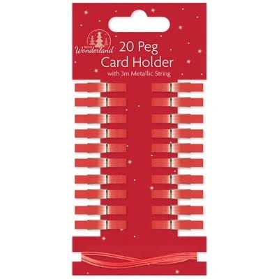 Image of SKYTE® 20 x Christmas Xmas Card Holder Mini Wooden Pegs With 2m Metallic String Festive Colours Decoration Art &amp; Craft Gift (Red)