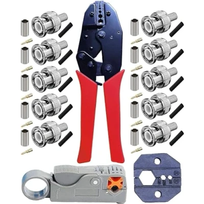 Image of Kagni BNC Crimp Tool Set,BNC/TNC Ratched plie &amp; Rotary Coaxial Cable Stripper with 10pcs Male connectors for RG59,Red